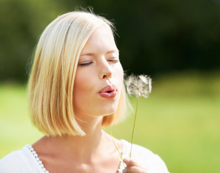 Blowing out a dandelion. Cute young woman blowing at a dandelion.の写真素材