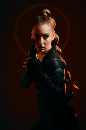 Woman, warrior and gun to fight in studio for action and safety from danger on dark background. Strong female model, assassin or agent in scifi cosplay costume with weapon for action and defenseの写真素材