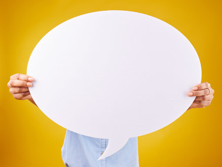 Social media, woman and hands with mockup speech bubble for opinion, marketing space or brand...