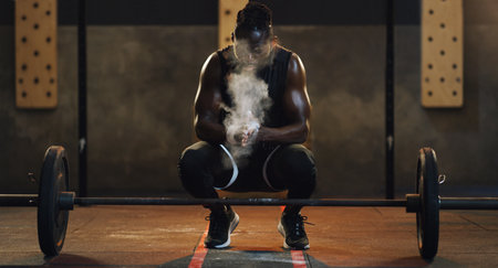 Get a grip on your goals. a muscular young man clapping his hands dusted with sports chalk while exercising with a barbell in a gym.の写真素材