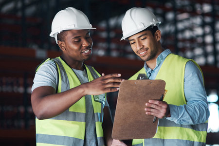 We should store these first. two young contractors standing in the warehouse and having a discussion while looking at a clipboard.の写真素材