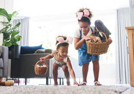 Shes not just my best friend shes my sister. two sisters during a easter hunt at home.