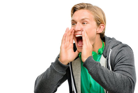 Can you listen up please. a handsome young man standing alone in the studio and yelling.