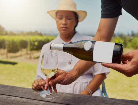 Unknown farmer pouring white wine into wineglass on farm for mixed race friend. Caucasian man holding bottle and filling glass with alcohol for tasting during summer on vineyard. Weekend wine tastingの写真素材