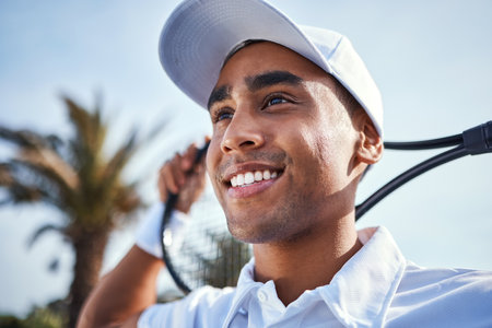 Im ready to be the best. a handsome young man standing and holding a tennis racket during practice.の写真素材