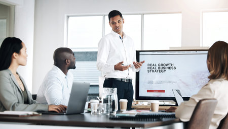 Meeting presentation, screen or businessman or speaker with company growth strategy, planning or...