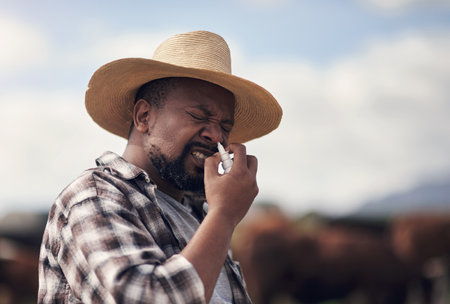 Farmers are the first to know when spring has arrived. a mature man using nasal spray while working on a farm.の写真素材