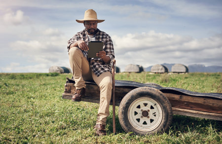 In the middle of nowhere, technology found its place. a mature man using a digital tablet while working on a farm.の写真素材