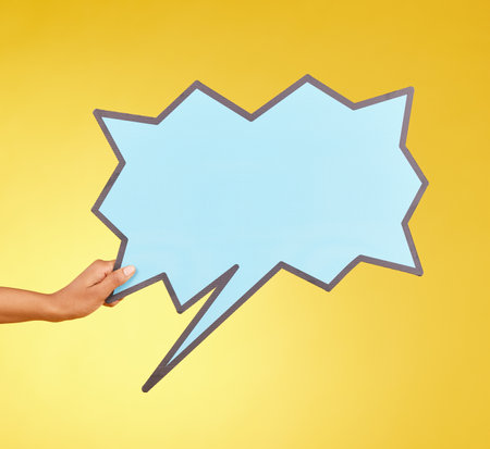 Social media advertising, woman or hands with speech bubble for opinion, marketing space or studio branding. Product placement info, mock up billboard or person with voice mockup on yellow backgroundの写真素材
