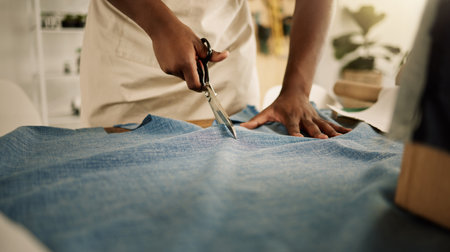 Creative designer cutting his fabric. Closeup of a tailor cutting denim material using a scissor. Fashion designer working in his studio. Entrepreneur cutting his textile on a tableの写真素材