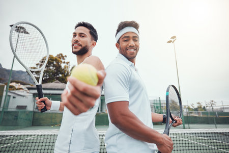 Two ethnic tennis players holding ball as invite to play court game. Smiling ethnic athletes team standing back to back. Challenge to play competitive sports doubles for healthy fitness in sports cluの写真素材