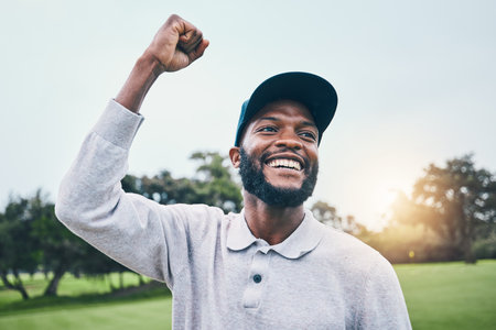 Sports man, golf and celebrate win outdoor on field or course with pride and smile on face. Black male player or golfer with hand for celebration of success, victory or winning with par at clubの写真素材