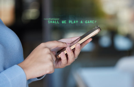 Woman, hands and phone in cybersecurity, metaverse or hacked mobile device and social network. Hand...