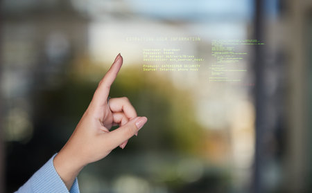 Closeup, hand and finger with code, hologram and programming for futuristic planning, cyber security...