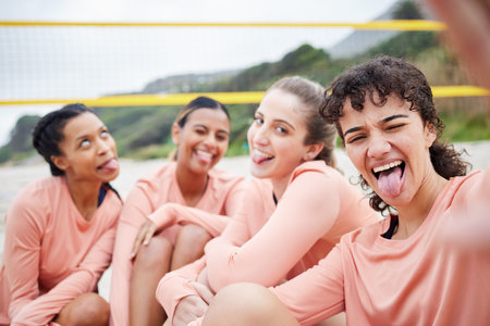 Volleyball woman team, beach selfie or funny face in portrait for smile, support or diversity for sport. Comic athlete women, social media or silly profile picture for solidarity, fitness or wellnessの写真素材