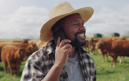 Mobile tech for a farmer on the moooove. a mature man using a smartphone while working on a cow farm.の写真素材