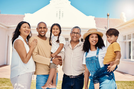 Portrait, family or kids with parents, grandparents and grandchildren standing outside in the garden...
