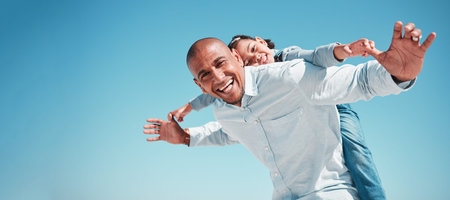 Portrait, father and kid piggyback on blue sky of summer vacation, holiday and freedom on mockup...
