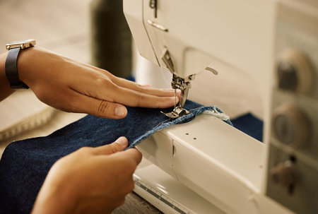 Creative designer stitching denim fabric on a sewing machine. Fashion designer using sewing machine....