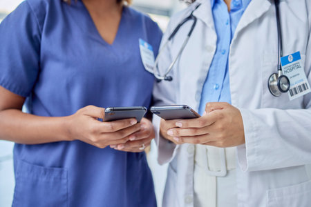 Phone, healthcare and doctors hands or team with mobile app, telehealth service and contact us for...