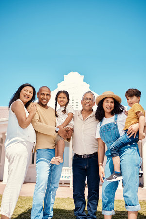 Portrait, family and parents with grandparents or grandkids bonding while standing outside in a...
