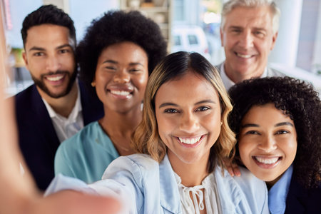 Happy, friends and selfie with business people in office for social media, diversity and support. Workforce, picture and community with portrait of employees for diversity, group and solidarityの写真素材