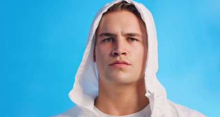 Lets work up a sweat. Studio portrait of a handsome young man posing in a hooded sweater against a blue background.の写真素材