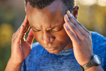 Headache, pain and stress of a man hiking in nature on a trail for health, wellness and fitness....
