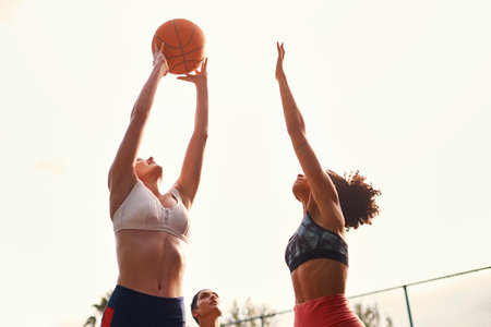 Welcome to the world of competitive sports. a diverse group of sportswomen playing a competitive game of basketball together during the day.の写真素材