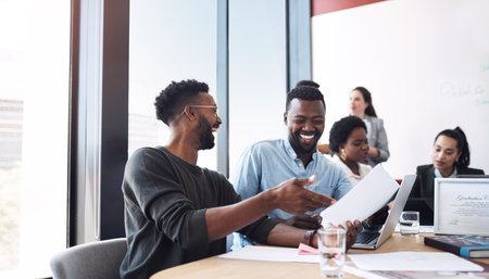 According to the reports, were heading straight for success again. two businessmen going through paperwork together in an office with their colleagues in the background.の写真素材