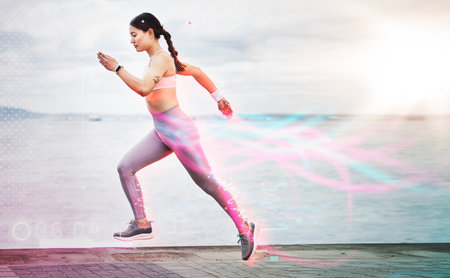 Fitness, exercise and woman running, hologram and promenade for workout, wellness or healthy lifestyle. Female runner, athlete or girl training, holographic or track progress for pulse or enduranceの写真素材