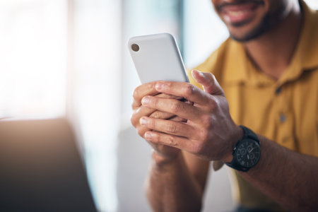Closeup, hands and man with cellphone, typing and network signal for social media, online reading and search internet. Zoom, hand and male with smartphone, connection and mobile application for infoの写真素材