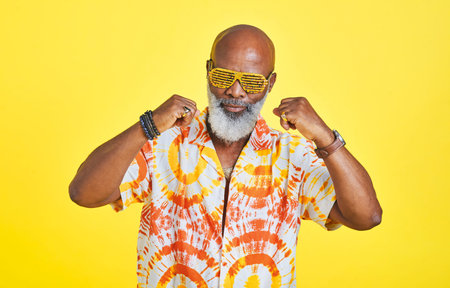 Its time to turn up. a funky and stylish senior man dancing in studio against a yellow background.の写真素材