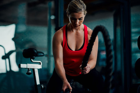 Ready for battle. an attractive young female athlete working out with battle ropes in the gym.