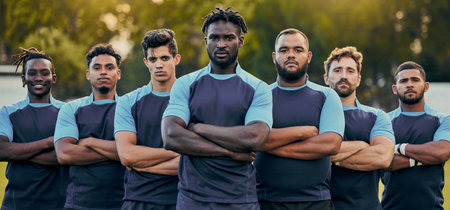 Rugby, men and portrait of team with serious expression, confidence and pride in winning game. Fitness, sports and teamwork, proud players ready for match, workout or competition on field at stadium.の写真素材