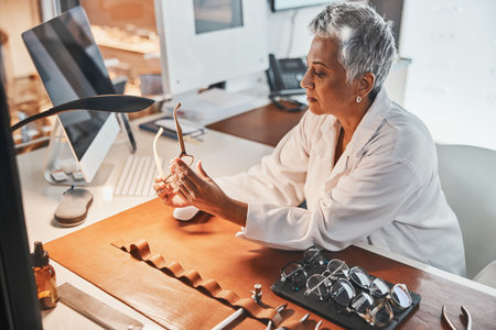 Senior optometrist woman, glasses and design for focus, vision or frame planning at desk in clinic. Elderly optician, spectacle designer and eye care in workplace for fashion, small business and goalの写真素材