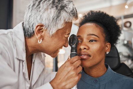 Doctor, vision or black woman in eye exam assessment consultation for eyesight at optometrist office. Mature or senior optician helping a customer testing or checking iris or retina visual healthの写真素材