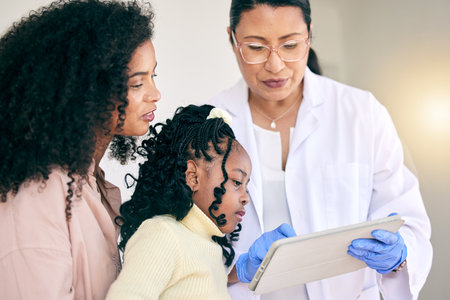 Tablet, healthcare and doctor with a mother and child in discussion on test results in the hospital. Professional, communication and female medical worker on a mobile device with the mom and kid.の写真素材