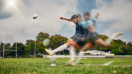 Rugby, blur and man kicking ball to score goal on field at game, match or practice workout. Sports, fitness and motion, player running to kick at poles on grass with energy and skill in team sport.の写真素材