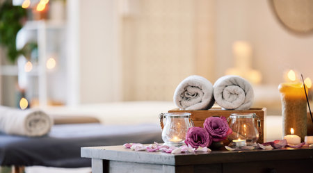 Relax, peace and calm at a luxury spa for wellness, health and zen during a massage. Candles, flowers and healing environment at a salon for stress relief, relaxation and physical therapy on vacationの写真素材