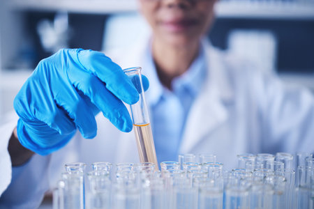 Science, research and hand with test tube, woman in laboratory with solution for vaccine and medical...