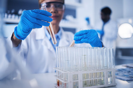 Science, test tube in hands and black woman in laboratory for research, medical study and...