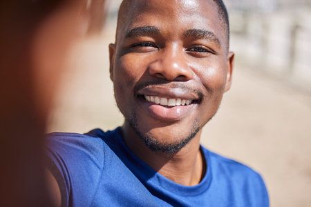 Selfie, fitness and smile with portrait of black man for running, wellness and happiness. Social...