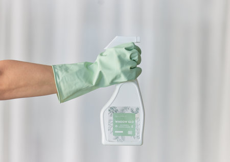 Hands, gloves and housekeeping with detergent spray bottle for spring cleaning, disinfection or dirt removal at home. Hand of cleaner holding sanitizer and rubber glove for clean hygiene or disinfectの写真素材