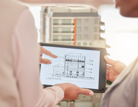 Architect, hands and tablet in construction planning, 3D model or design strategy for industrial...