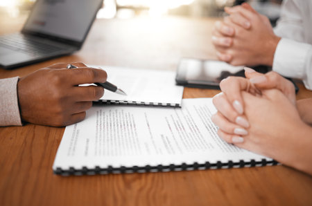 Hands, signing and couple with lawyer and contract for marrriage, mortgage or insurance. Legal, investment and a man and a woman with an advisor and paperwork for an agreement, service and complianceの写真素材
