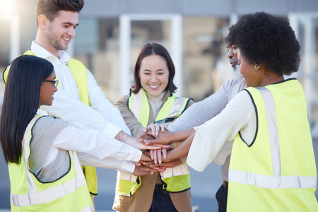 Teamwork, hands stacked and engineering people for support, collaboration and project mission in industrial diversity. Group of architecture team in together hand sign for construction worker goalsの写真素材
