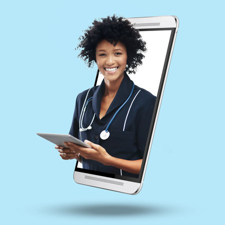 3d telehealth doctor, phone and online with screen, tablet and portrait for app by blue background. Medic woman, face or smile for healthcare, advice or communication on internet for virtual serviceの写真素材