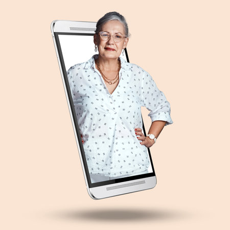 Happy, portrait and phone with a senior woman isolated on a studio background. Smile, confident and an elderly lady standing on the screen of a mobile for an online app, internet search or displayの写真素材
