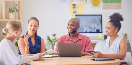 Business people, startup meeting and discussion with laptop in office for planning, goal or teamwork. Group, diversity and support for black man, women or documents for proposal, solution or strategyの写真素材